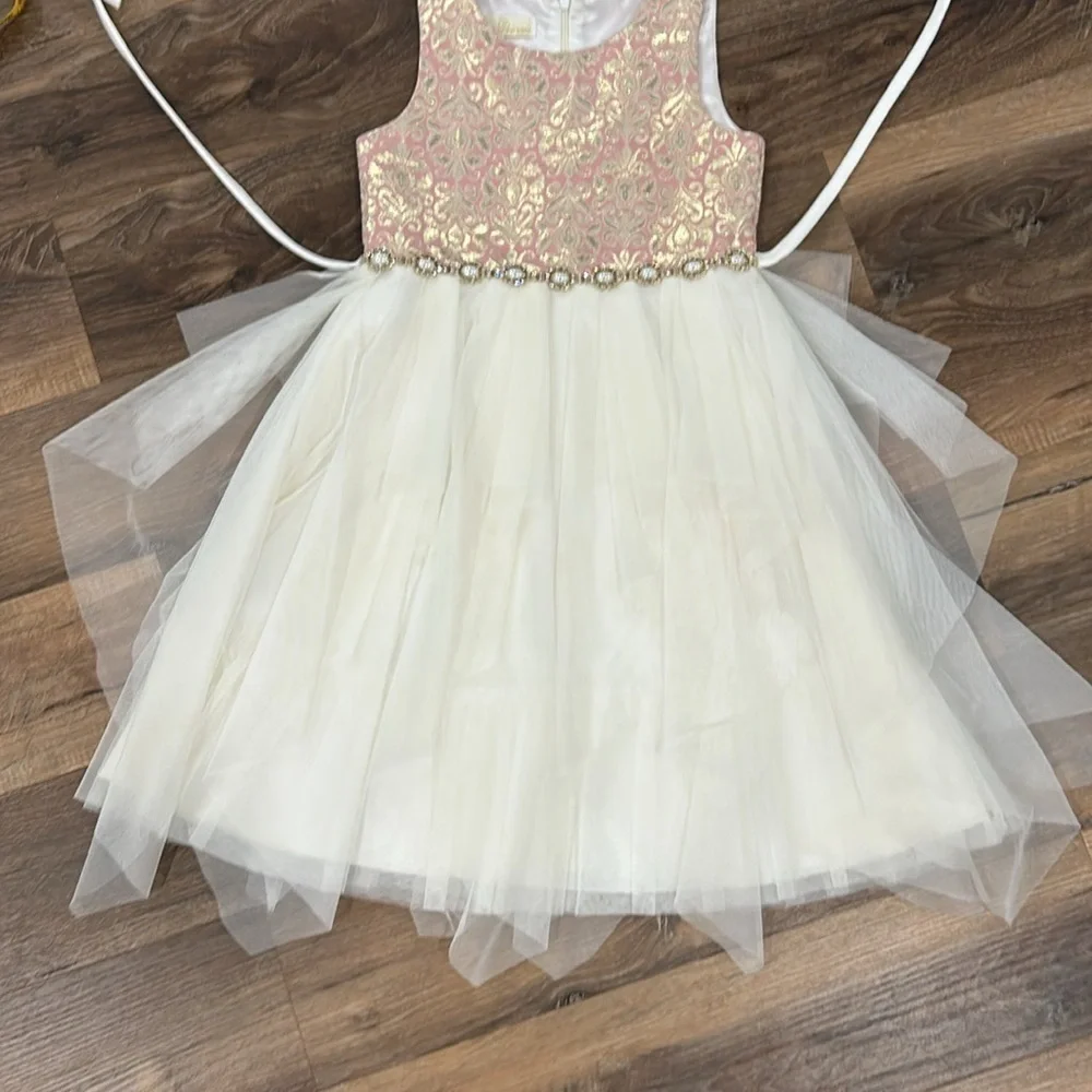 American Princess Pearls and Tulle Sparkle Fancy Dress Size 7 Pink/Cream/Gold